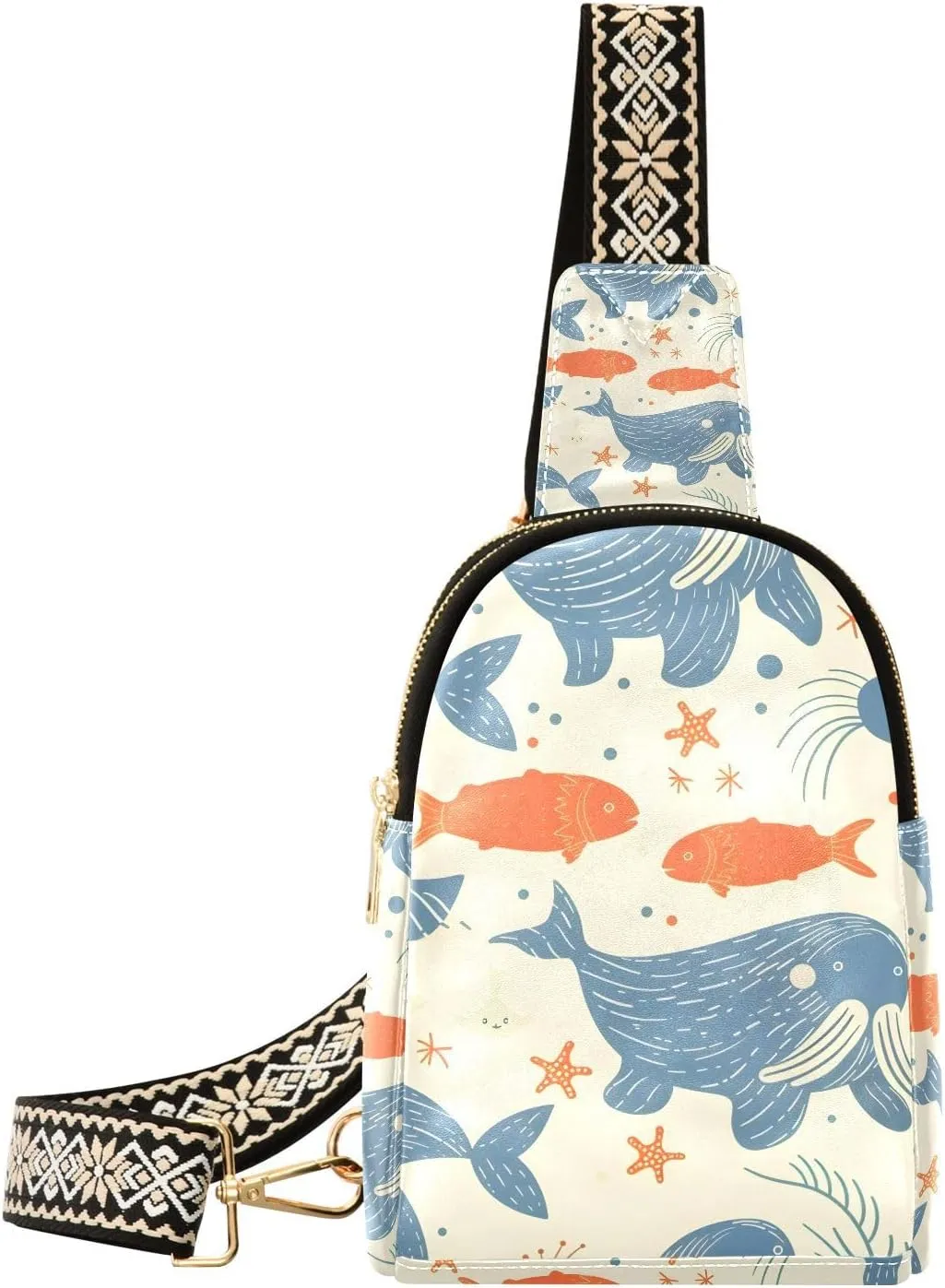 Walrus Fish Sea Stars Backpack Sling Bag for Women Crossbody Bags Small Cross Body Bags Leather Travel Chest Bag Purse Casual Daypack