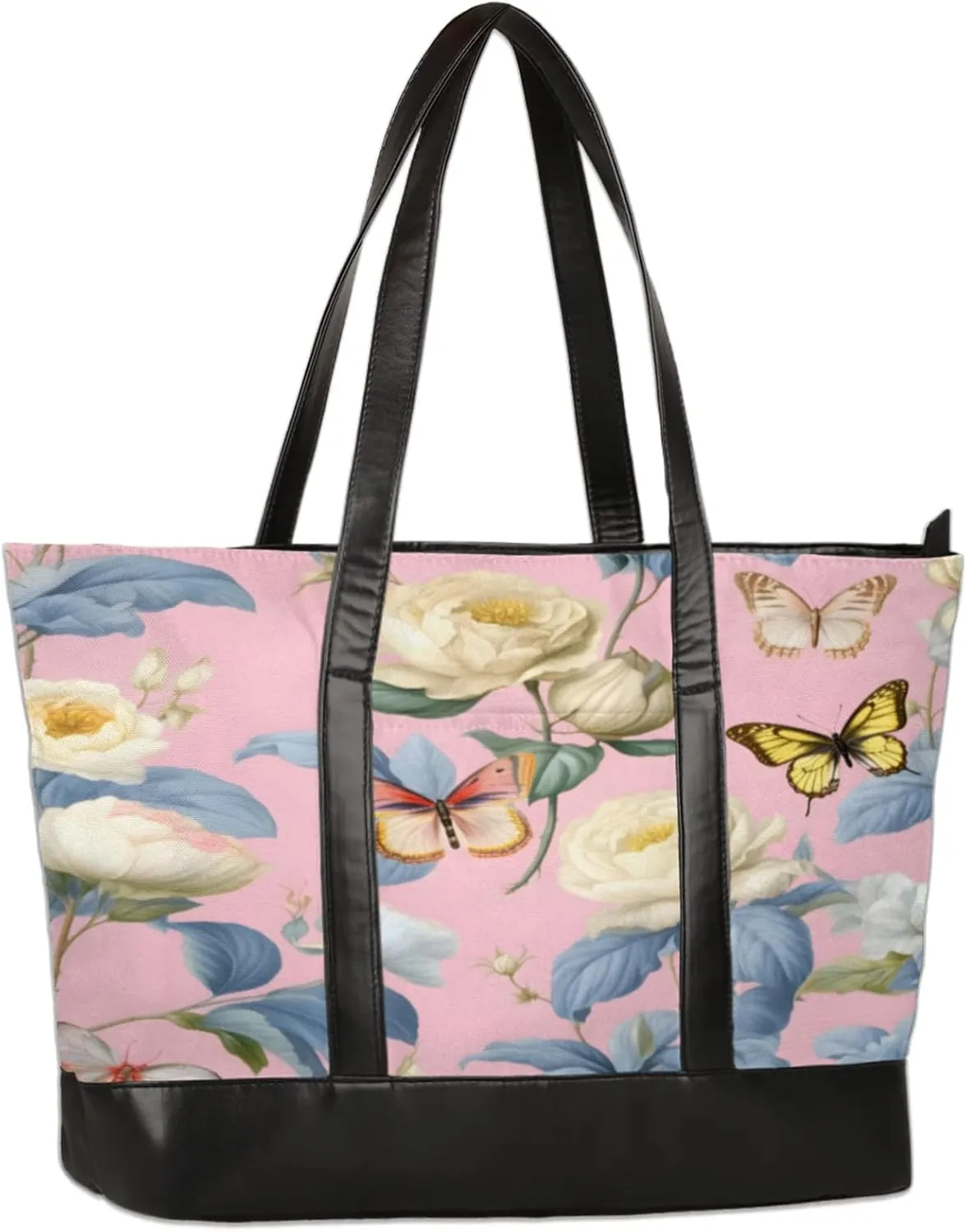 Watercolor Butterflys Flowers Laptop Tote Bag for Women Lightweight Work Purse with Multiple Compartments Fits 13-15.6 Inch Laptop Tablet Shoulder Bag for Office Travel Daily Use