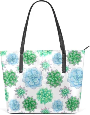 Watercolor Succulents Tote Bag for Women Leather Shoulder Handbag with Zipper and Pockets Fashion Casual Handle Bag Purse for Travel Beach Working Laptop School Gym Shopping