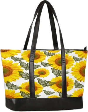 Watercolor Sunflowers Butterflies Laptop Tote Bag for Women Lightweight Work Purse with Multiple Compartments Fits 13-15.6 Inch Laptop Tablet Shoulder Bag for Office Travel Daily Use