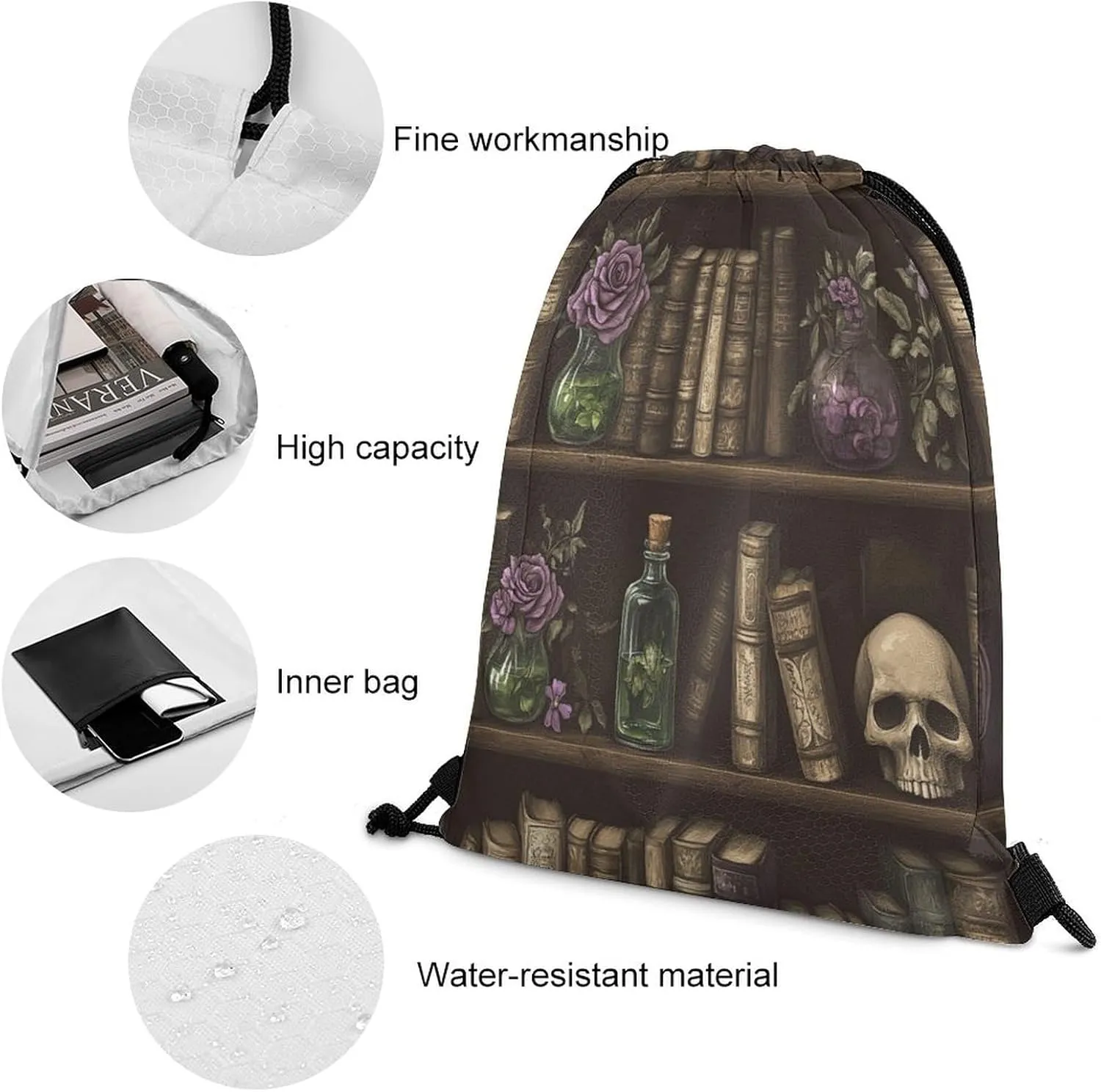 Watercolor Wooden Plank Bookshelf Drawstring Bag Gym Bag,Casual Knapsack Drawstring Backpack