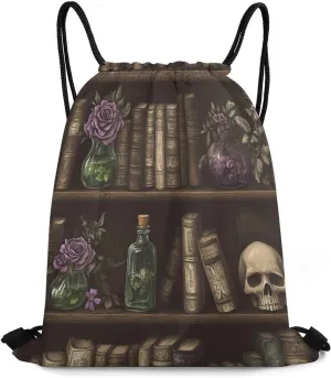 Watercolor Wooden Plank Bookshelf Drawstring Bag Gym Bag,Casual Knapsack Drawstring Backpack
