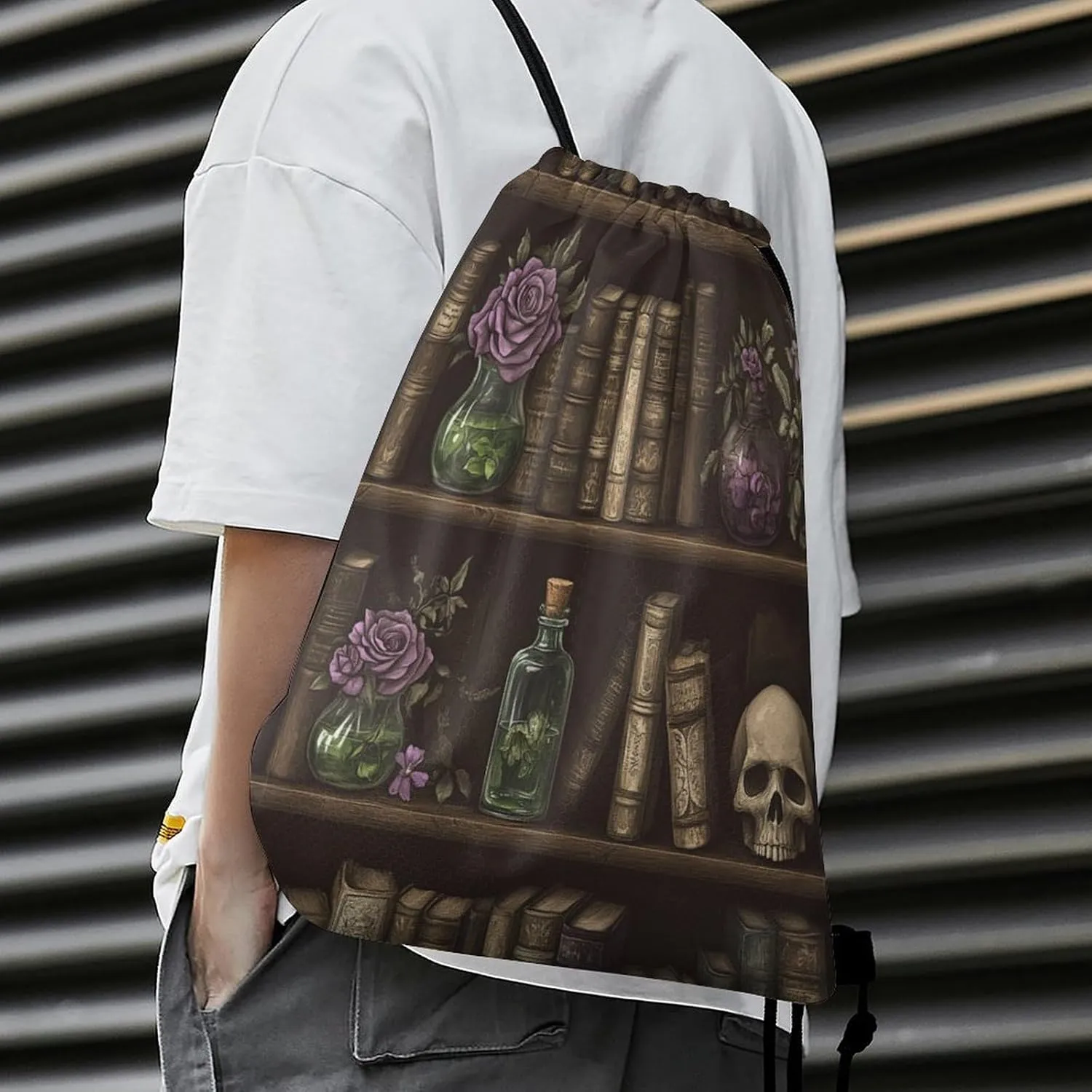 Watercolor Wooden Plank Bookshelf Drawstring Bag Gym Bag,Casual Knapsack Drawstring Backpack