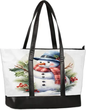 Watercolour Berry Leaf Snowman Laptop Tote Bag for Women Lightweight Work Purse with Multiple Compartments Fits 13-15.6 Inch Laptop Tablet Shoulder Bag for Office Travel Daily Use
