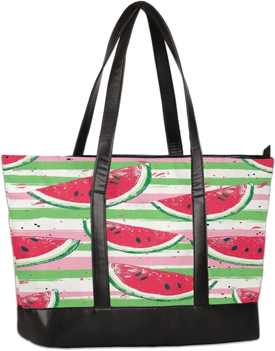 Watermelon Slices Stripe Large Tote Bags Women Handbags with Zipper, Laptop Tote Bag Shopper Shoulder Bag Handbag, Gifts for Women