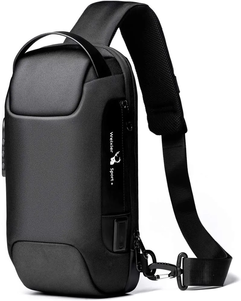 WEIXIER Anti Theft Sling Bag Shoulder Crossbody Backpack Waterproof Chest Bag with USB, Black