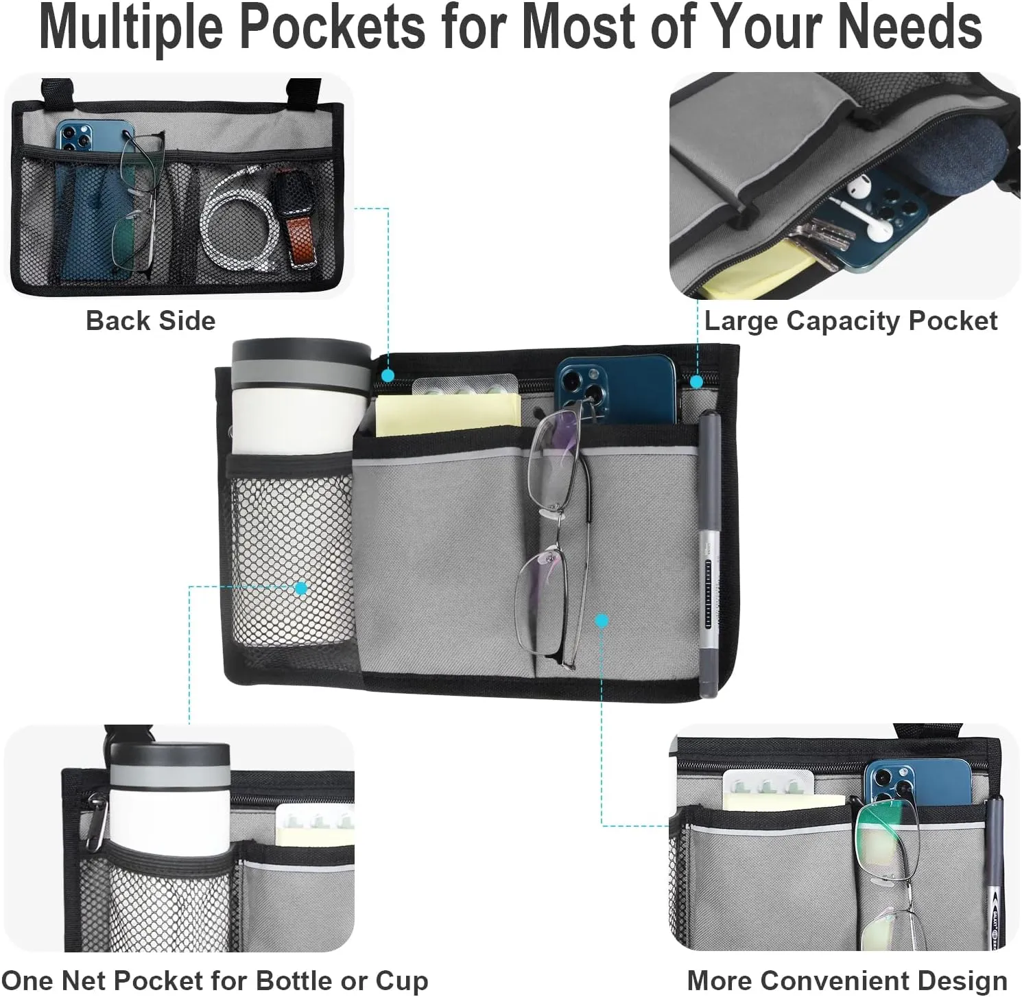 Wheelchair Side Bag, Armrest Storage Pouch with Cup Holder and Reflective Strip Use of Waterproof Fabric, for Most Wheelchairs, Walkers or Rollators (Gray)