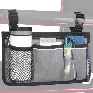 Wheelchair Side Bag, Armrest Storage Pouch with Cup Holder and Reflective Strip Use of Waterproof Fabric, for Most Wheelchairs, Walkers or Rollators (Gray)