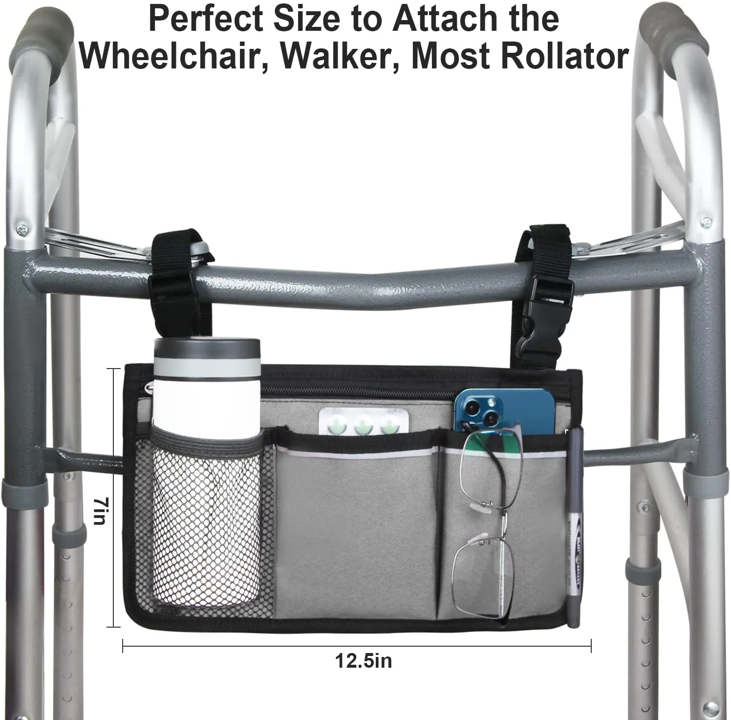 Wheelchair Side Bag, Armrest Storage Pouch with Cup Holder and Reflective Strip Use of Waterproof Fabric, for Most Wheelchairs, Walkers or Rollators (Gray)