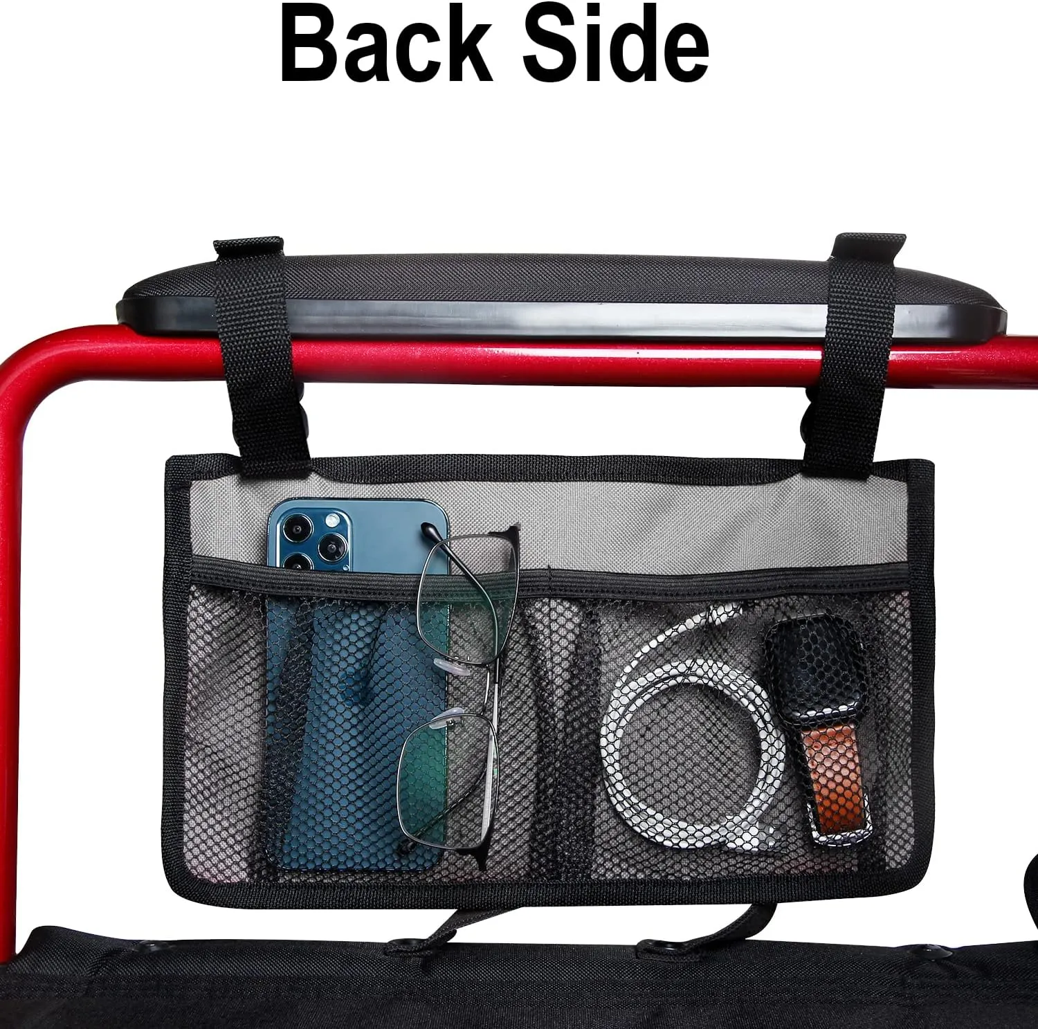 Wheelchair Side Bag, Armrest Storage Pouch with Cup Holder and Reflective Strip Use of Waterproof Fabric, for Most Wheelchairs, Walkers or Rollators (Gray)