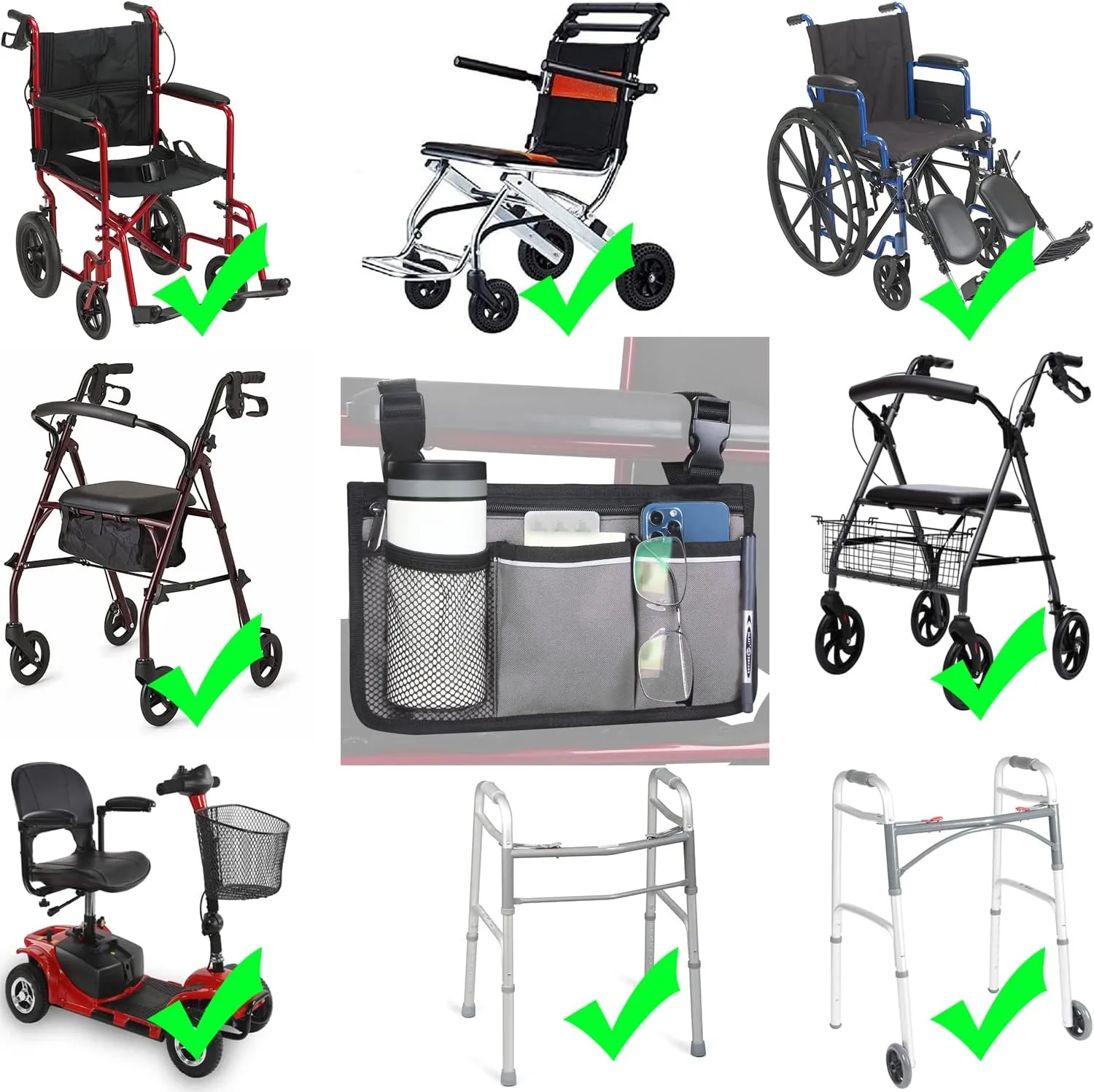 Wheelchair Side Bag, Armrest Storage Pouch with Cup Holder and Reflective Strip Use of Waterproof Fabric, for Most Wheelchairs, Walkers or Rollators (Gray)
