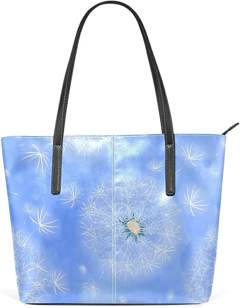 White Dandelions Blue Tote Bag for Women Leather Shoulder Handbag with Zipper and Pockets Fashion Casual Handle Bag Purse for Travel Beach Working Laptop School Gym Shopping