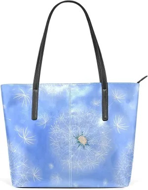 White Dandelions Blue Tote Bag for Women Leather Shoulder Handbag with Zipper and Pockets Fashion Casual Handle Bag Purse for Travel Beach Working Laptop School Gym Shopping