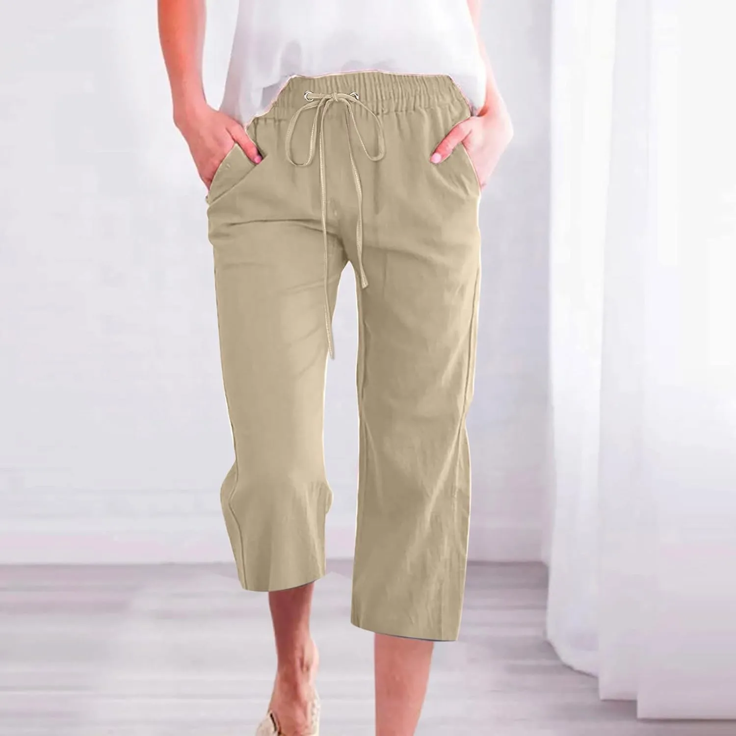 Wide Leg Capri Pants for Women Casual Summer Drawstring Elastic High Waist Cotton Linen Pant Cropped Trousers