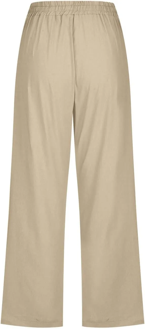 Wide Leg Capri Pants for Women Casual Summer Drawstring Elastic High Waist Cotton Linen Pant Cropped Trousers