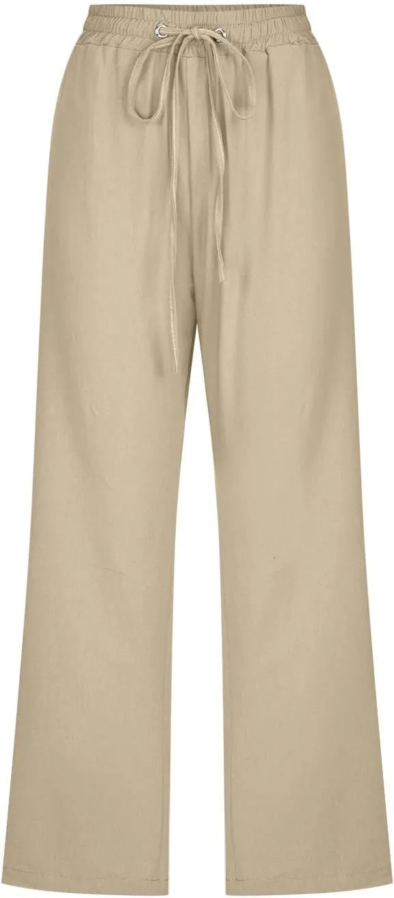 Wide Leg Capri Pants for Women Casual Summer Drawstring Elastic High Waist Cotton Linen Pant Cropped Trousers