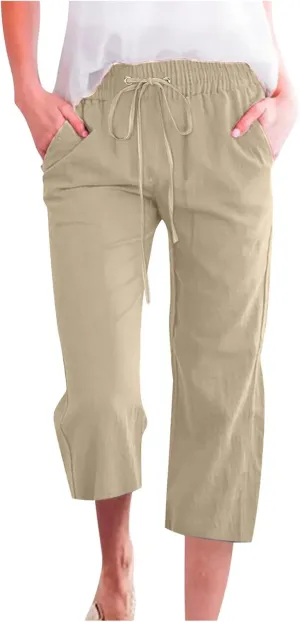 Wide Leg Capri Pants for Women Casual Summer Drawstring Elastic High Waist Cotton Linen Pant Cropped Trousers
