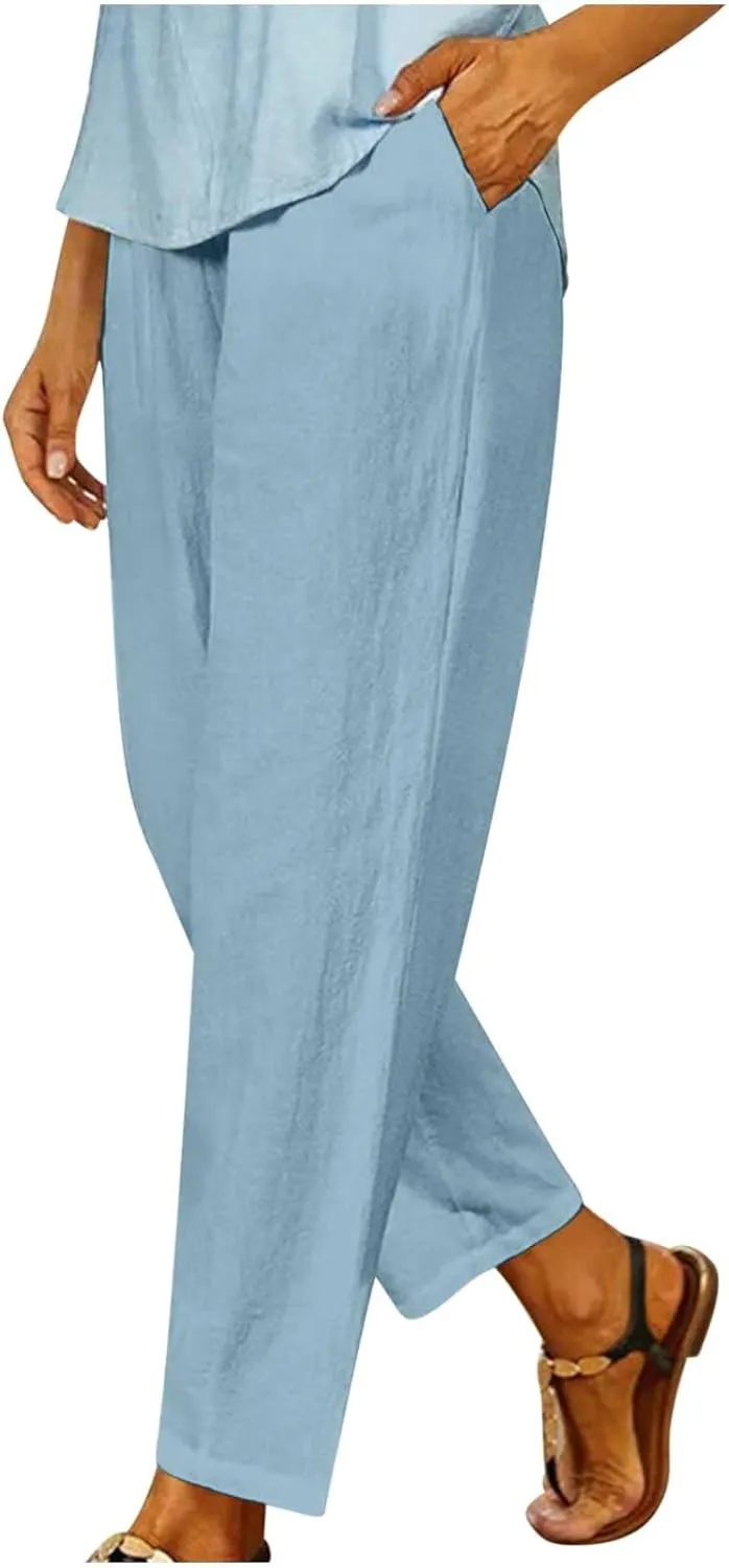 Wide Leg Pants Woman Vintage Loose Cotton Linen Summer Beach Pants Capris Pants Casual Plus Size Palazzo Long Lounge Trousers