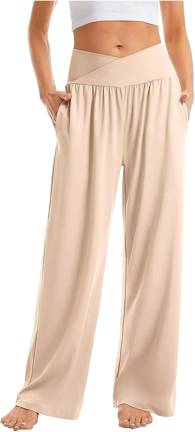 Wide Leg Yoga Pants Women Summer Lightweight Crossover Waist Athletic Pants Crossover Low Waist Running Workout Pants