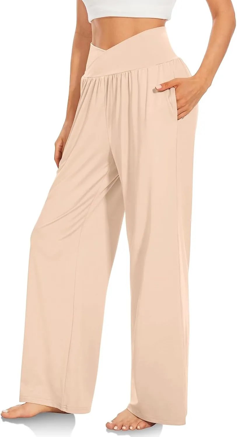 Wide Leg Yoga Pants Women Summer Lightweight Crossover Waist Athletic Pants Crossover Low Waist Running Workout Pants
