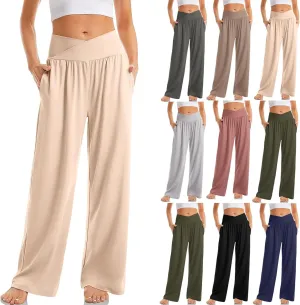 Wide Leg Yoga Pants Women Summer Lightweight Crossover Waist Athletic Pants Crossover Low Waist Running Workout Pants