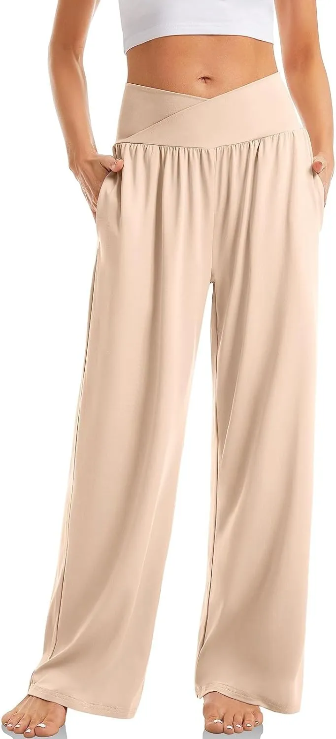 Wide Leg Yoga Pants Women Summer Lightweight Crossover Waist Athletic Pants Crossover Low Waist Running Workout Pants