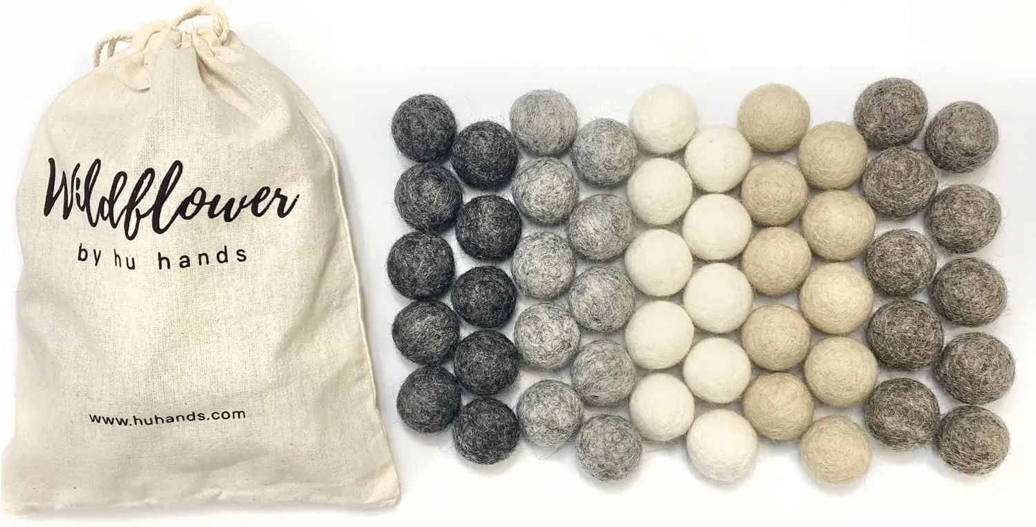 Wildflower by hu hands Weathered Naturals Wool Felt Balls (50) Pom Poms in Neutral Earth Tones for Crafts, Garland, & Decor .8-1 Inch Size | Hand Felted in Nepal 100% NZ Wool | Bag Included