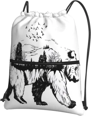 Wildlife Hand Drawn Bear Animal Print Nylon Drawstring Backpack â€“ Adjustable Lightweight Gym Bag for Sports, Travel, Camping & Hiking