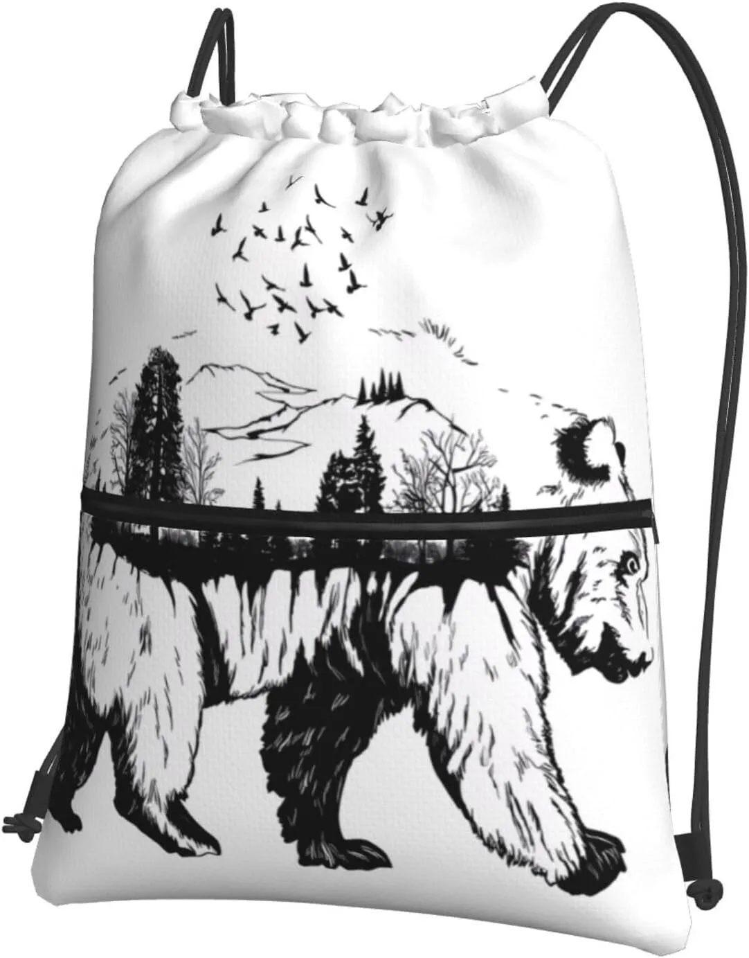 Wildlife Hand Drawn Bear Animal Print Nylon Drawstring Backpack â€“ Adjustable Lightweight Gym Bag for Sports, Travel, Camping & Hiking
