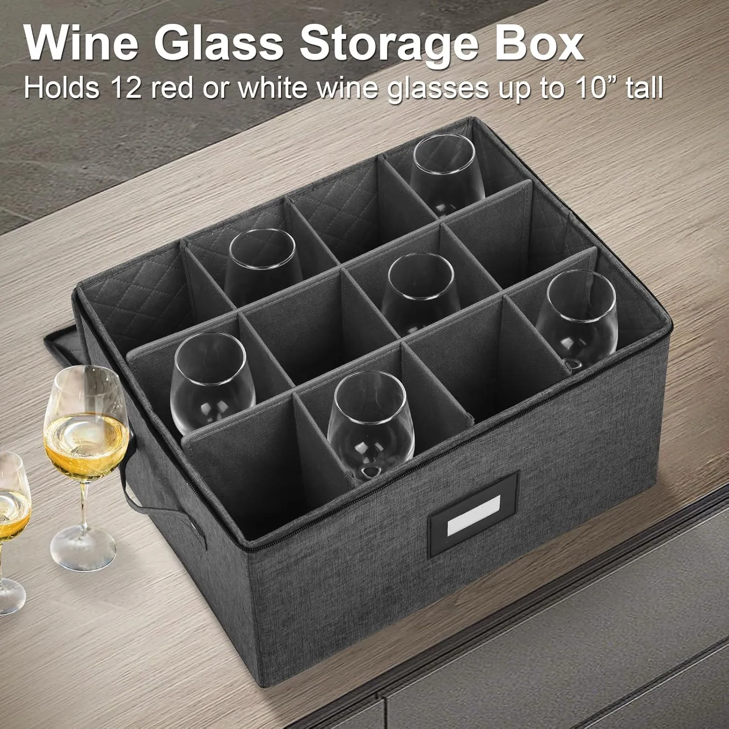 Wine Glass Storage 2 Pack, Stemware Storage Containers Cases, Glassware Storage for 24 Crystal, Hard Top, Sides and Stackable, (17'' x 13'' x 10'', Black)
