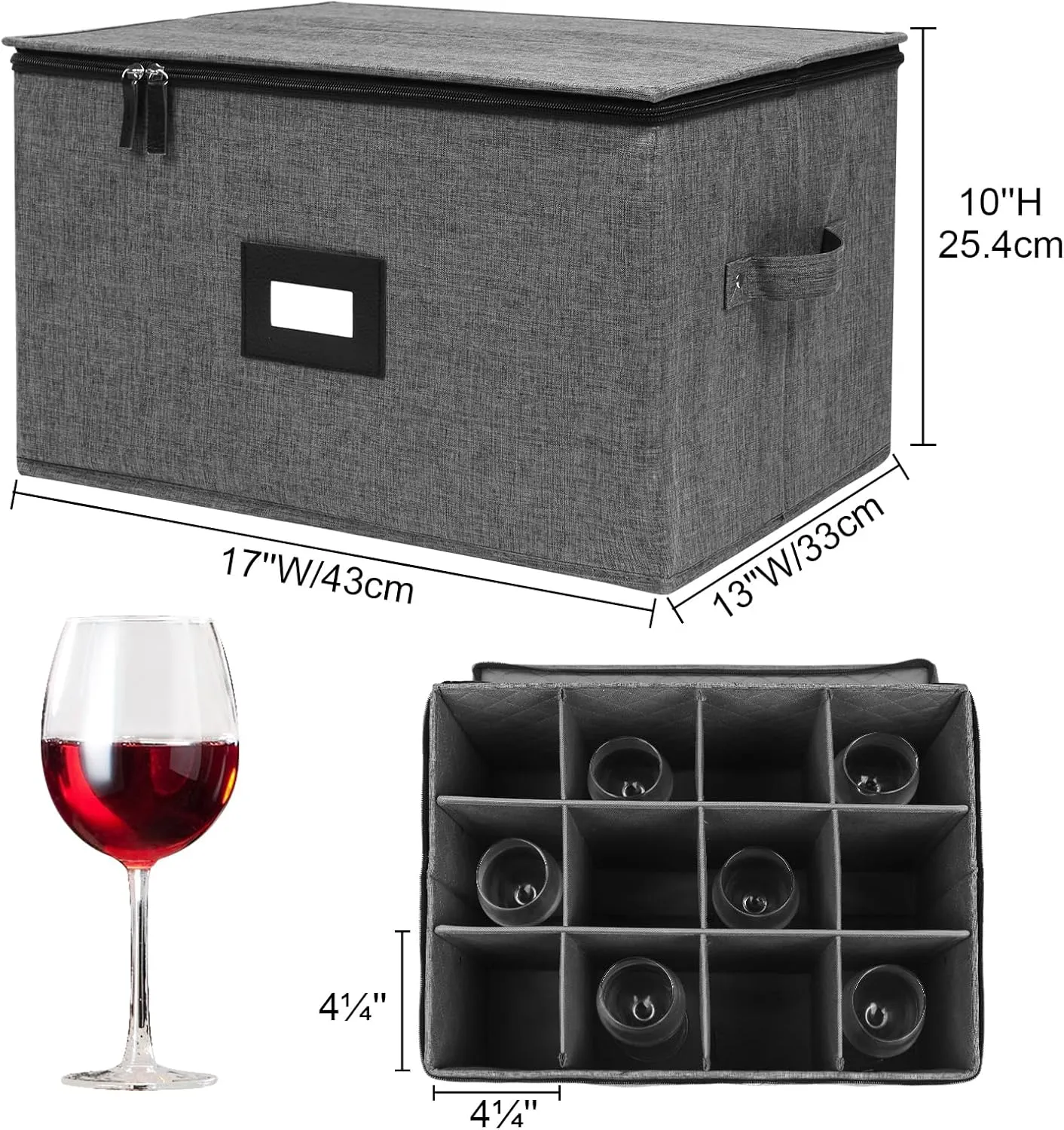 Wine Glass Storage 2 Pack, Stemware Storage Containers Cases, Glassware Storage for 24 Crystal, Hard Top, Sides and Stackable, (17'' x 13'' x 10'', Black)