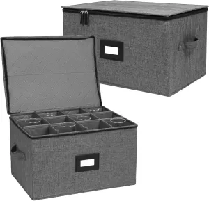 Wine Glass Storage 2 Pack, Stemware Storage Containers Cases, Glassware Storage for 24 Crystal, Hard Top, Sides and Stackable, (17'' x 13'' x 10'', Black)