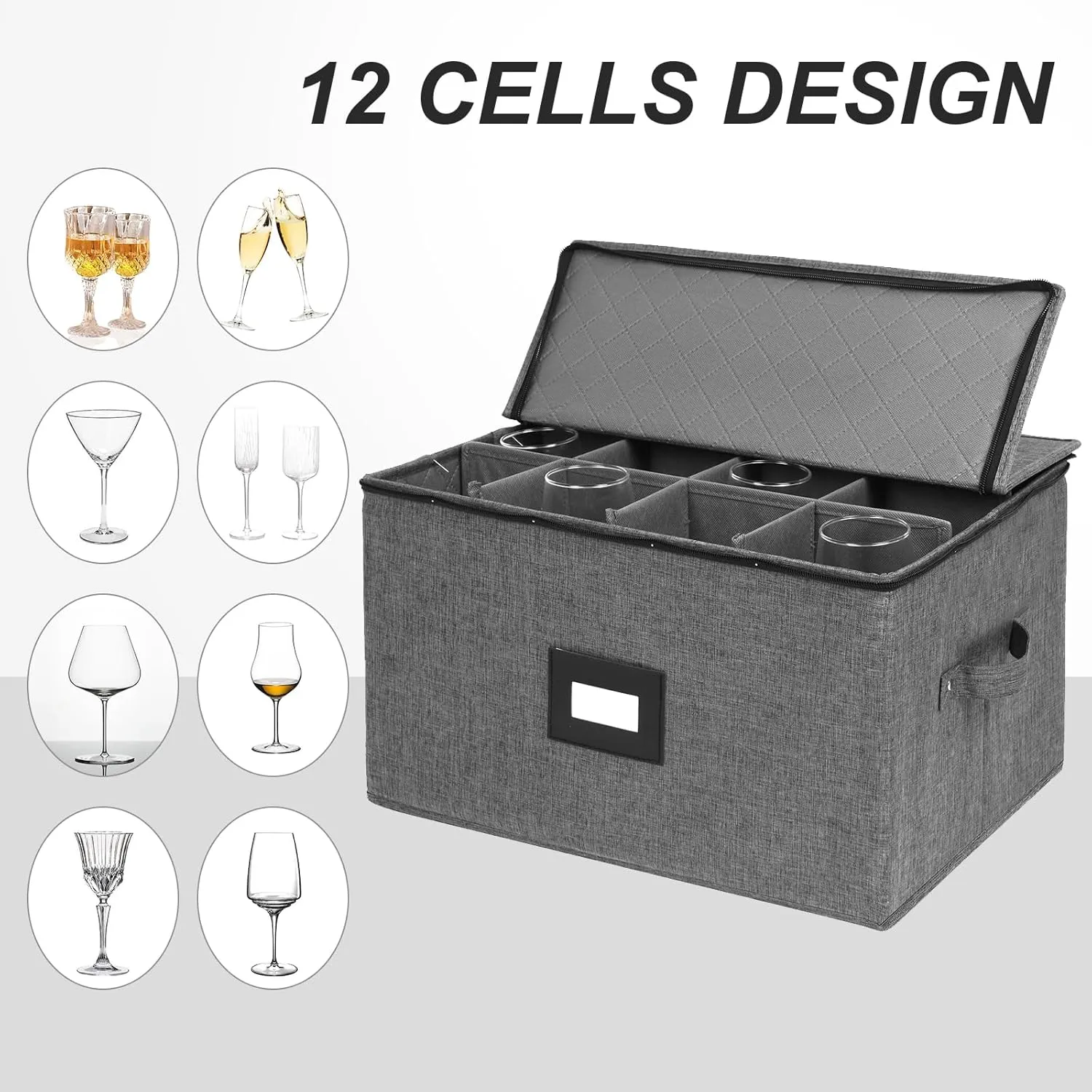 Wine Glass Storage 2 Pack, Stemware Storage Containers Cases, Glassware Storage for 24 Crystal, Hard Top, Sides and Stackable, (17'' x 13'' x 10'', Black)