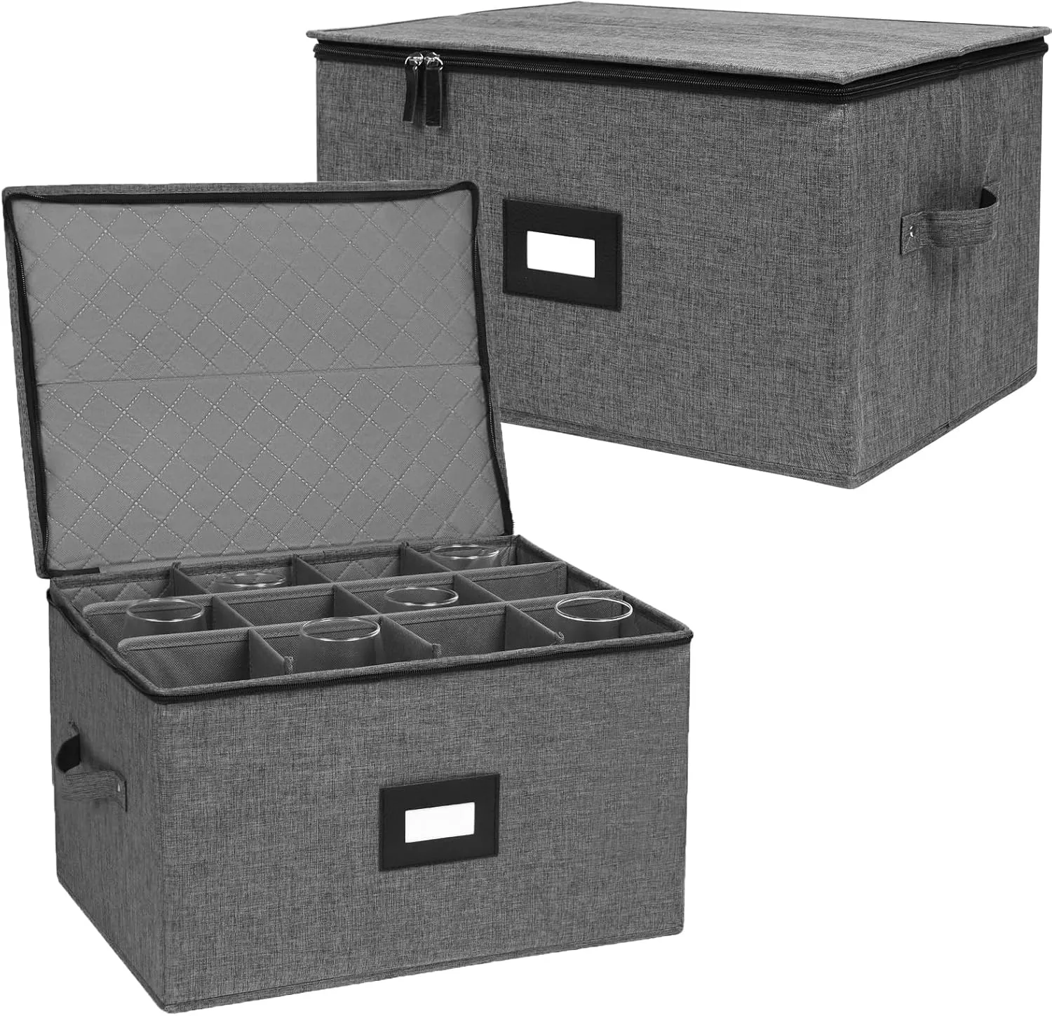 Wine Glass Storage 2 Pack, Stemware Storage Containers Cases, Glassware Storage for 24 Crystal, Hard Top, Sides and Stackable, (17'' x 13'' x 10'', Black)