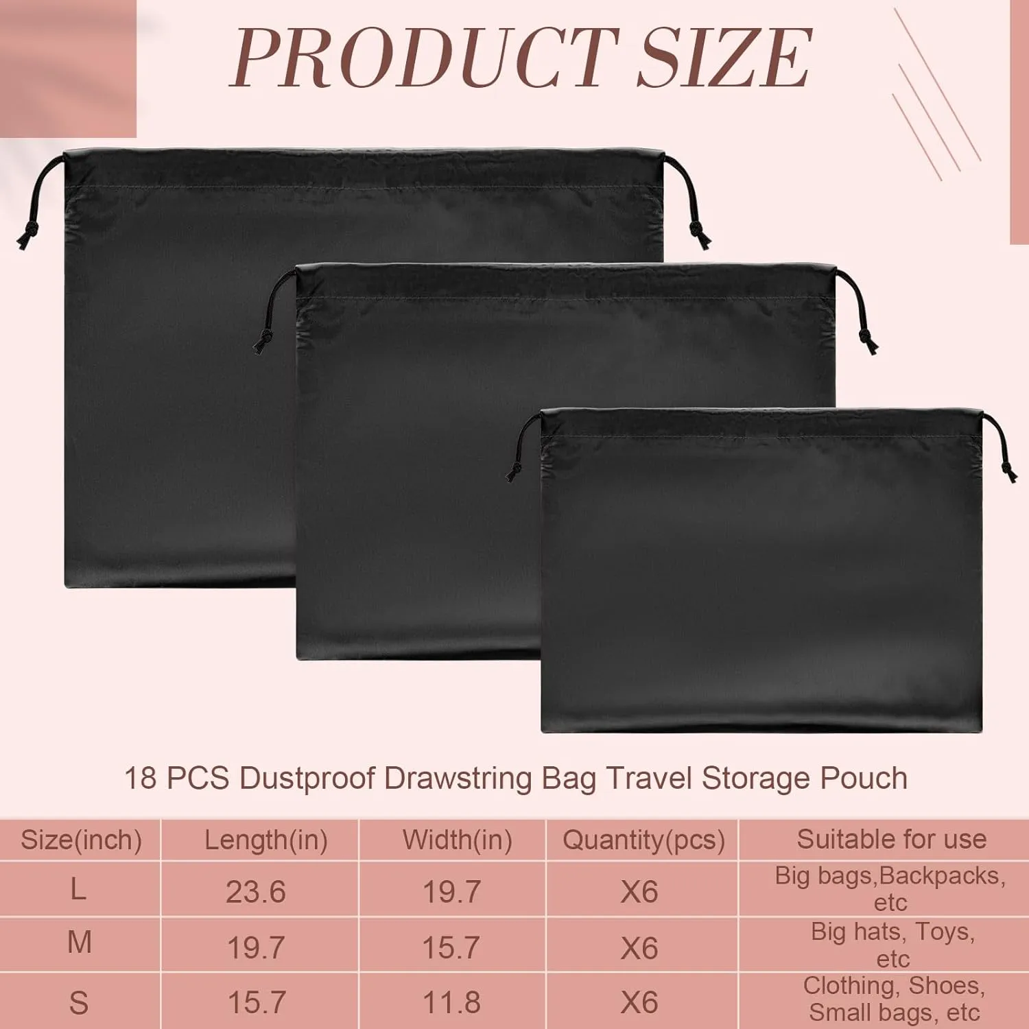 Woanger 18 Pack Satin Dust Bags for Handbags Silk Dust Cover Bag 3 Size Storage pouches for Handbag Drawstring Storage Pouch