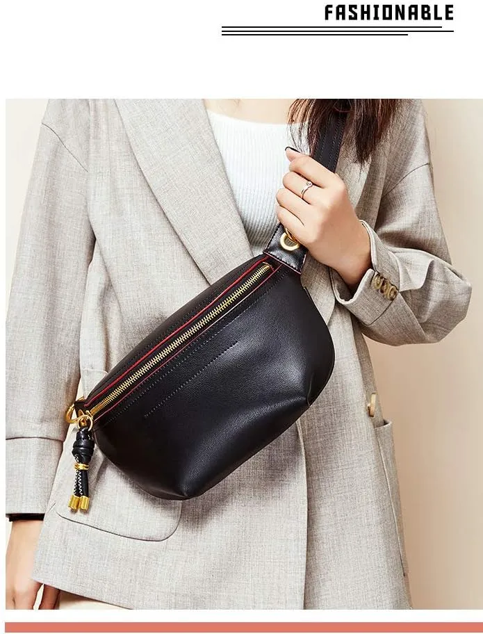 Women Chain Strap Cross-body Bags Genuine Leather Waist Bag with Zipper Closure for Daily (Black)