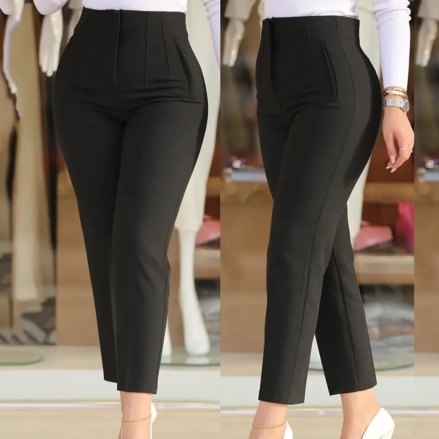 Women Cotton Linen Summer Printed Pant Trousers Elastic Waist Straight Plus Size Trousers Office