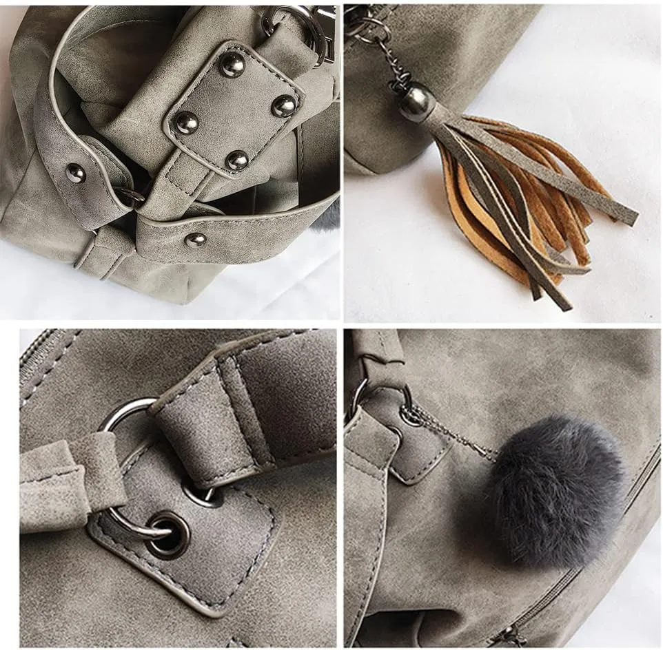 Women Handbag PU Leather Top Handle Handbag Shoulder Bag Messenger Bag with Fur Ball Accessories