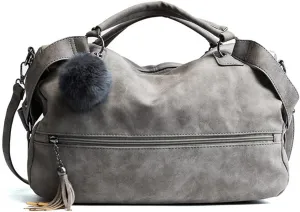 Women Handbag PU Leather Top Handle Handbag Shoulder Bag Messenger Bag with Fur Ball Accessories