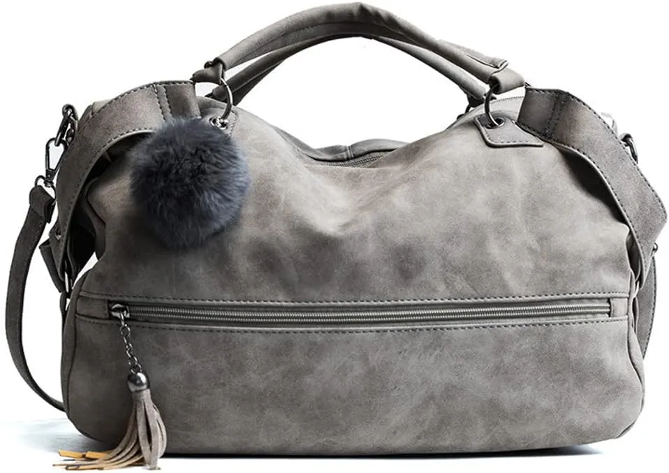 Women Handbag PU Leather Top Handle Handbag Shoulder Bag Messenger Bag with Fur Ball Accessories