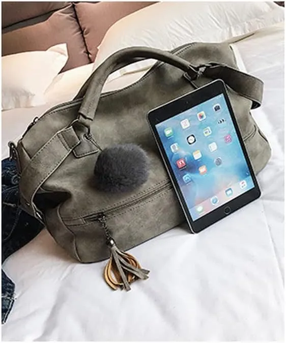 Women Handbag PU Leather Top Handle Handbag Shoulder Bag Messenger Bag with Fur Ball Accessories