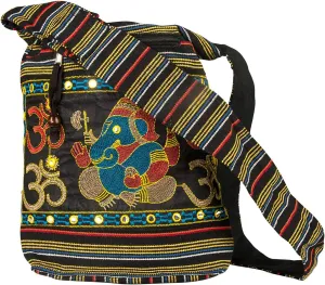 Women Hobo OM Black Cross Body Shoulder Bag Elephant Embroidered School Everyday Shopping Casual Lightweight