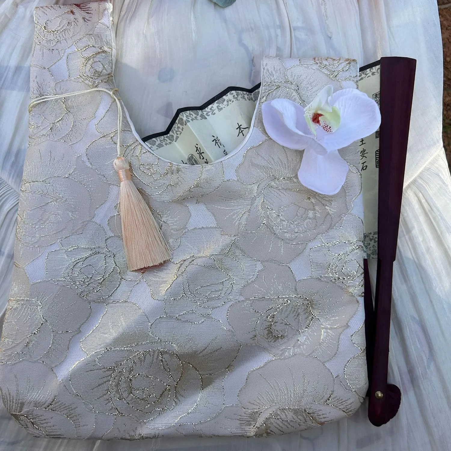 Women Jacquard Floral Small Hobo Bag Chinese 3D Flower Tassel Wristlet Sleeve Knotted Tote Purse Travel Wedding Party Handbag