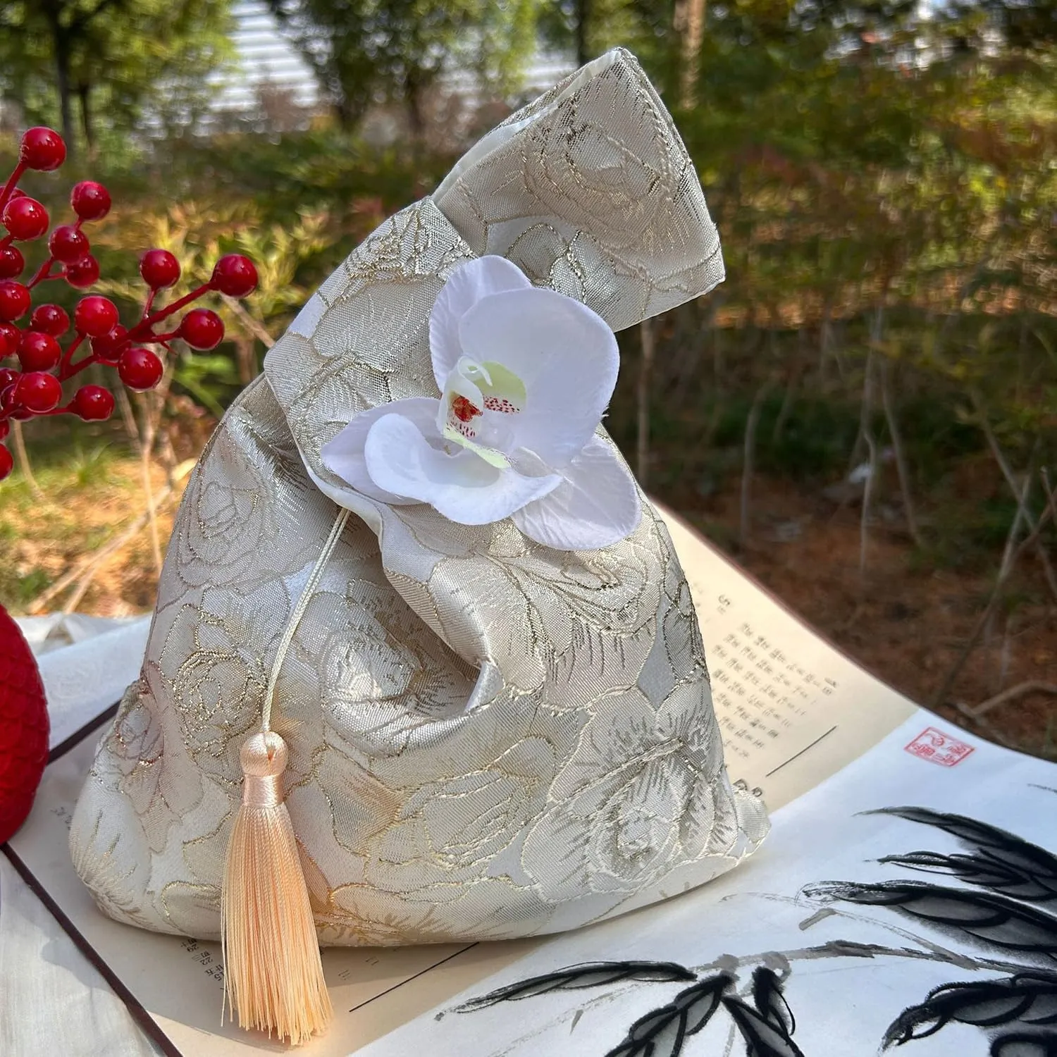 Women Jacquard Floral Small Hobo Bag Chinese 3D Flower Tassel Wristlet Sleeve Knotted Tote Purse Travel Wedding Party Handbag