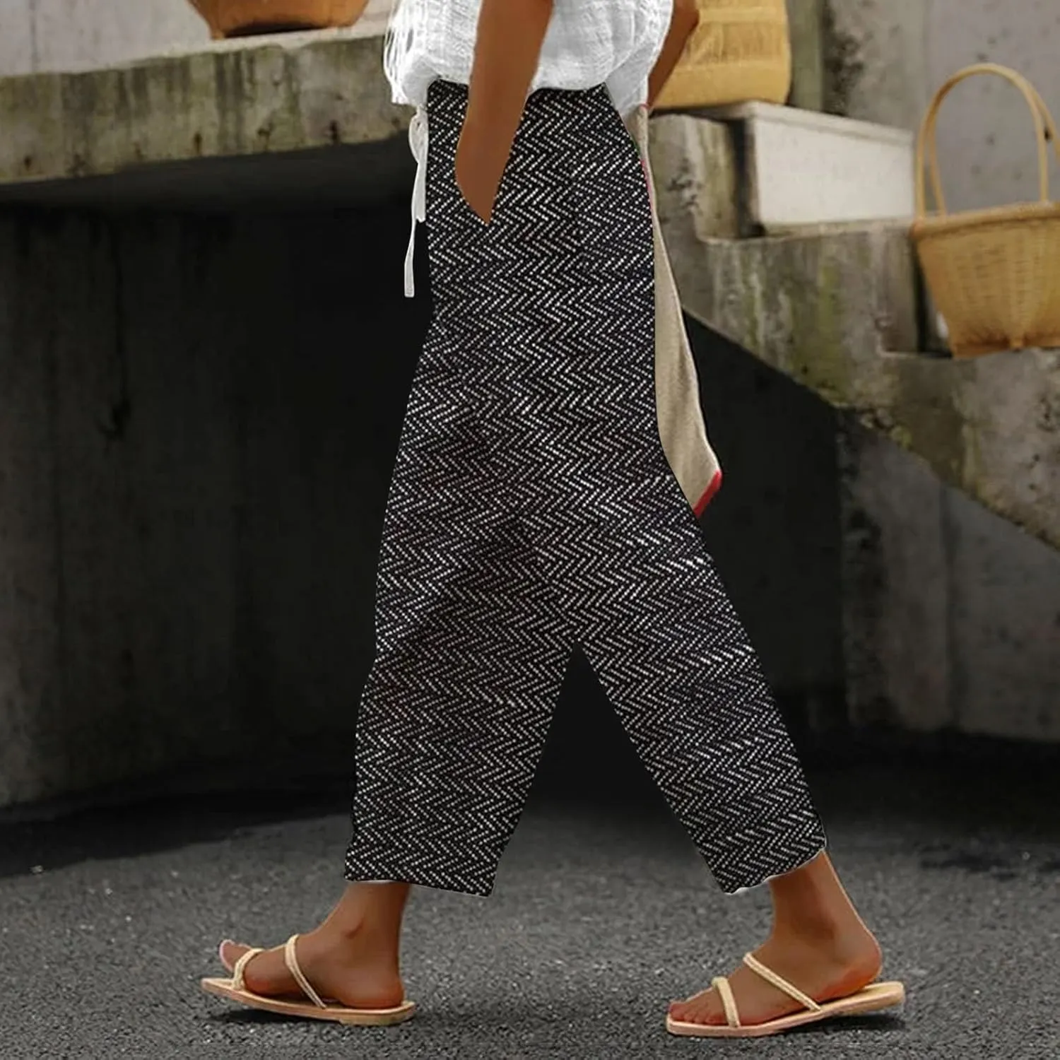 Women Linen Pants Waist Pants Drawstring Capri Pants with Pockets Wide Leg Cropped Elastic High Waist Comfy Loose