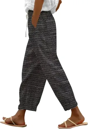 Women Linen Pants Waist Pants Drawstring Capri Pants with Pockets Wide Leg Cropped Elastic High Waist Comfy Loose