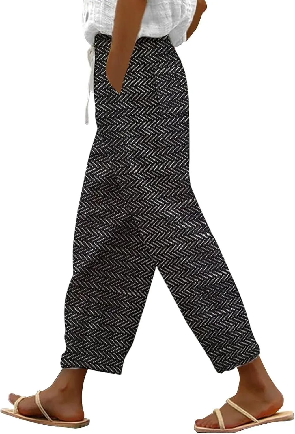 Women Linen Pants Waist Pants Drawstring Capri Pants with Pockets Wide Leg Cropped Elastic High Waist Comfy Loose