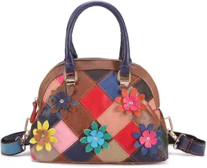 Women Multicolored Flowers Tote Genuine Leather Shell Purse Colorful Flora Shoulder Handbag Bohemian Crossbody Bag