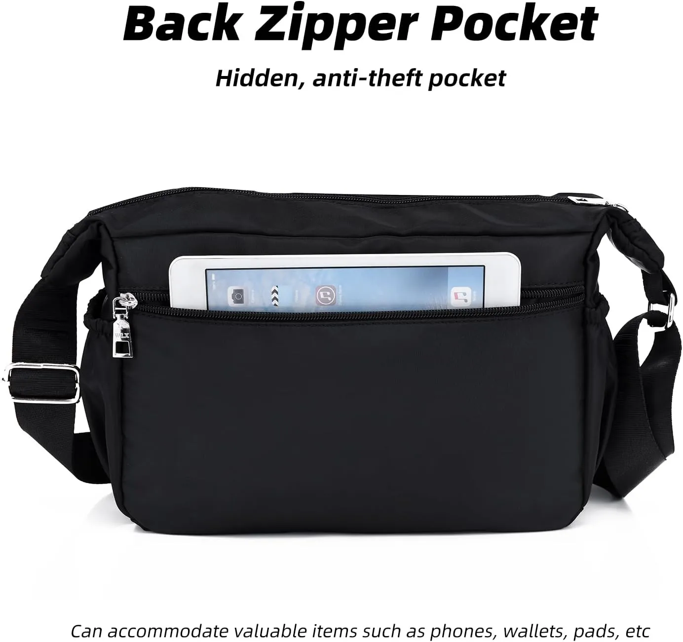 Women Shoulder Bag Multi-Pockets Handbag Water-Resistant Nylon Crossbody Bags Large Purses Lightweight Messenger Bag Black