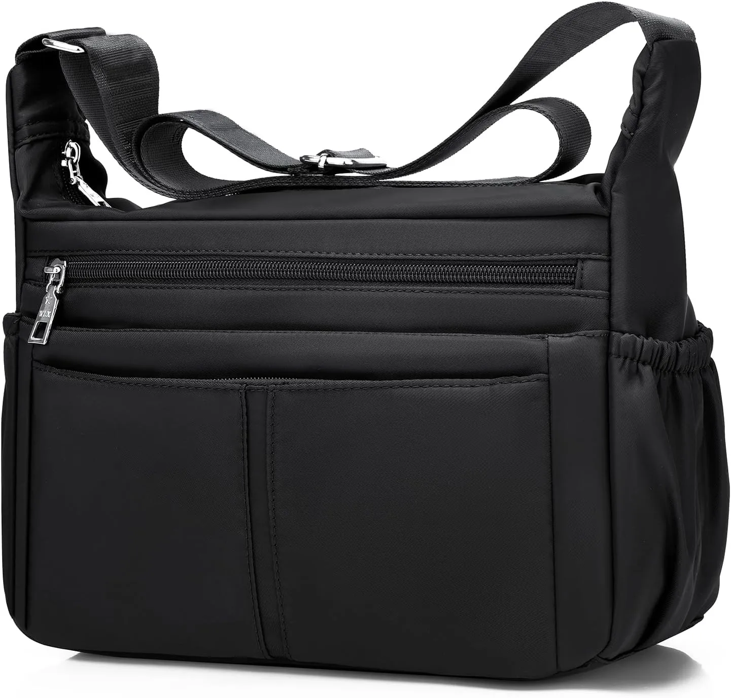 Women Shoulder Bag Multi-Pockets Handbag Water-Resistant Nylon Crossbody Bags Large Purses Lightweight Messenger Bag Black